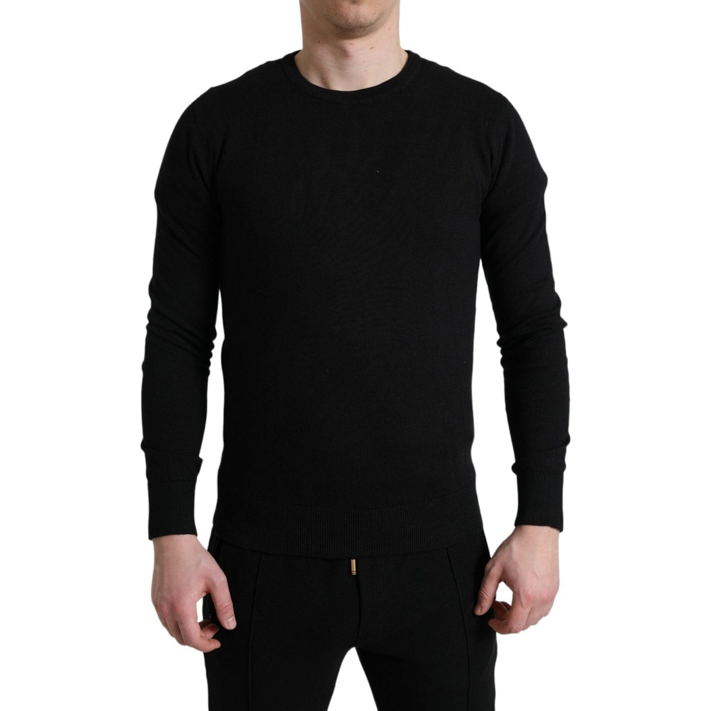 Elegant Black Cotton Crewneck Pullover Sweater