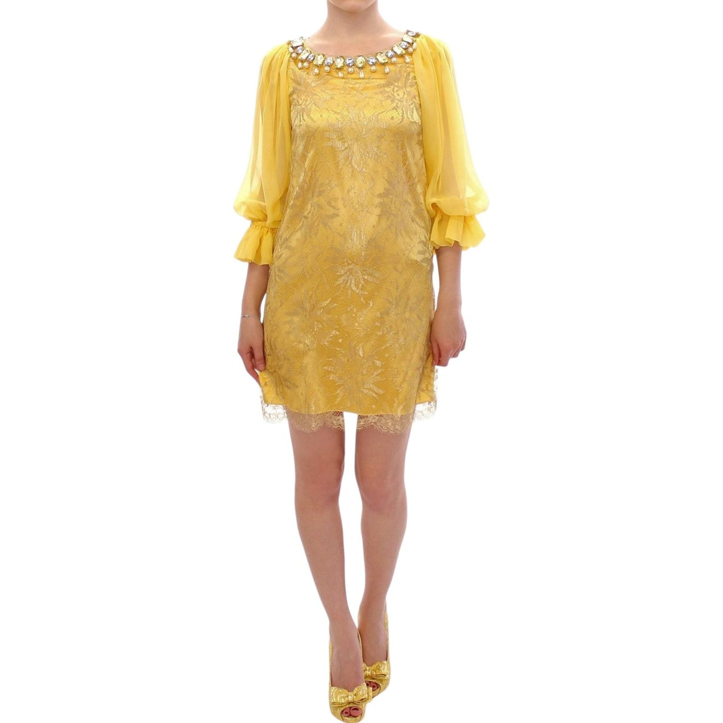 Yellow Lace Crystal Embellished Mini Dress