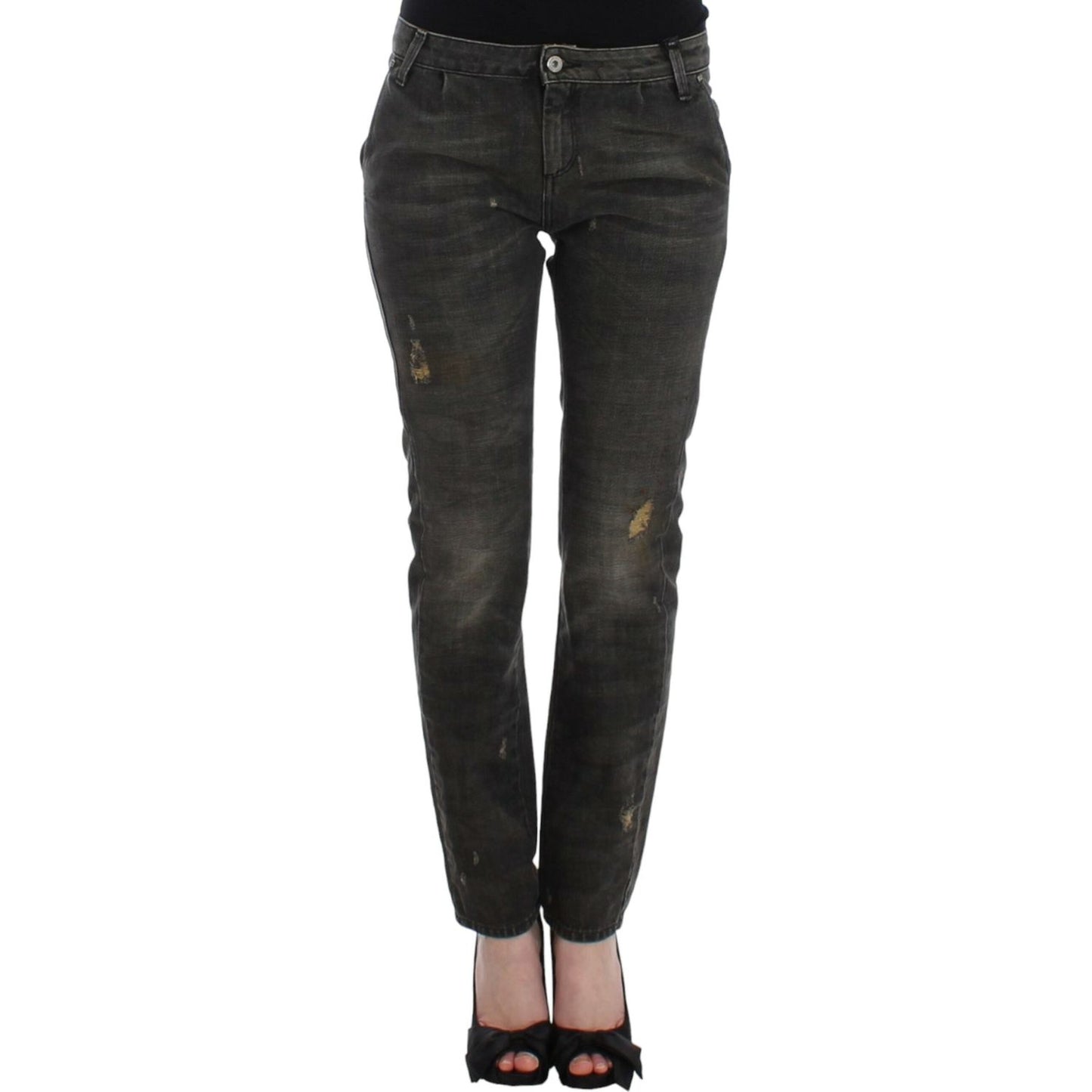 Sleek Gray Straight Leg Distressed Jeans