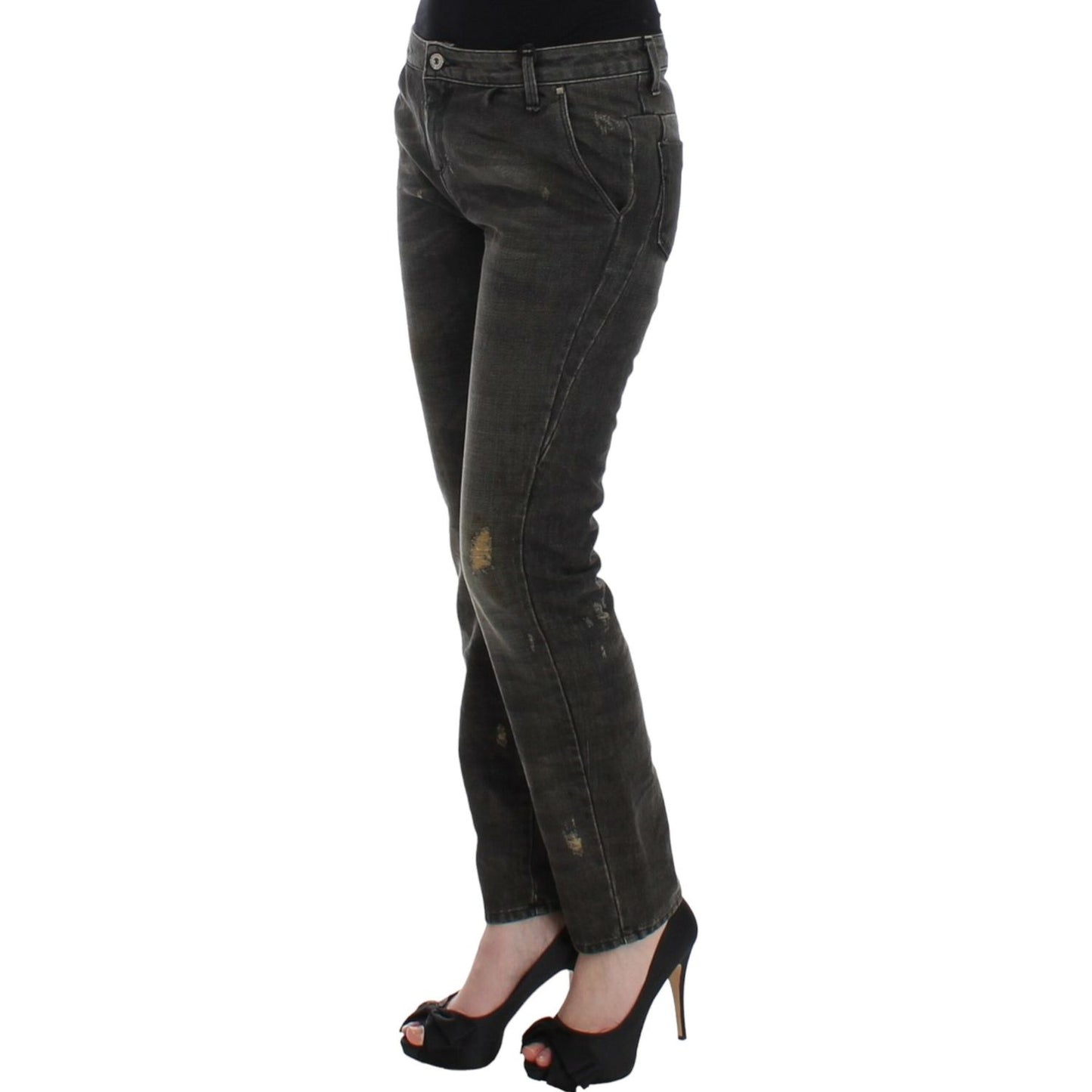 Sleek Gray Straight Leg Distressed Jeans