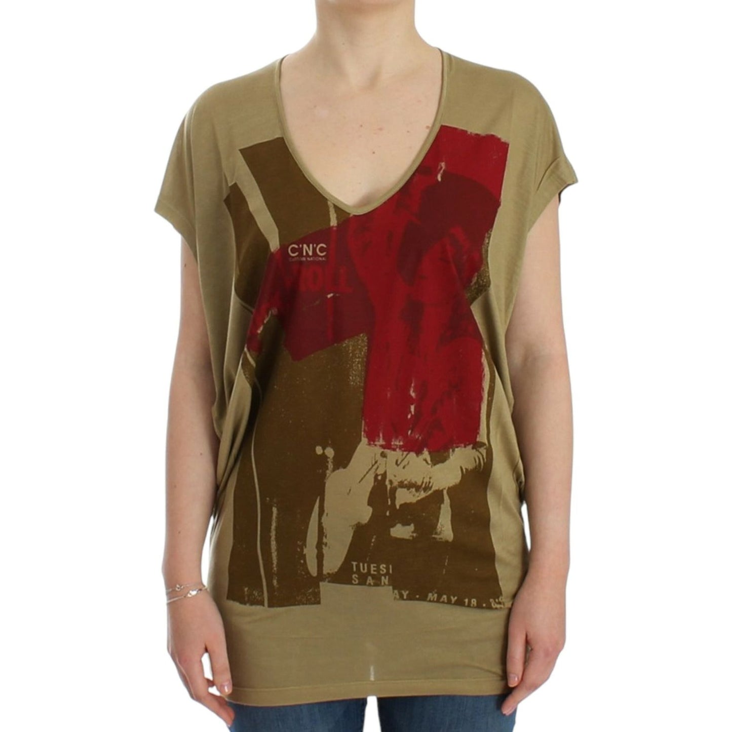 Chic Green Multicolor Print V-Neck Tee