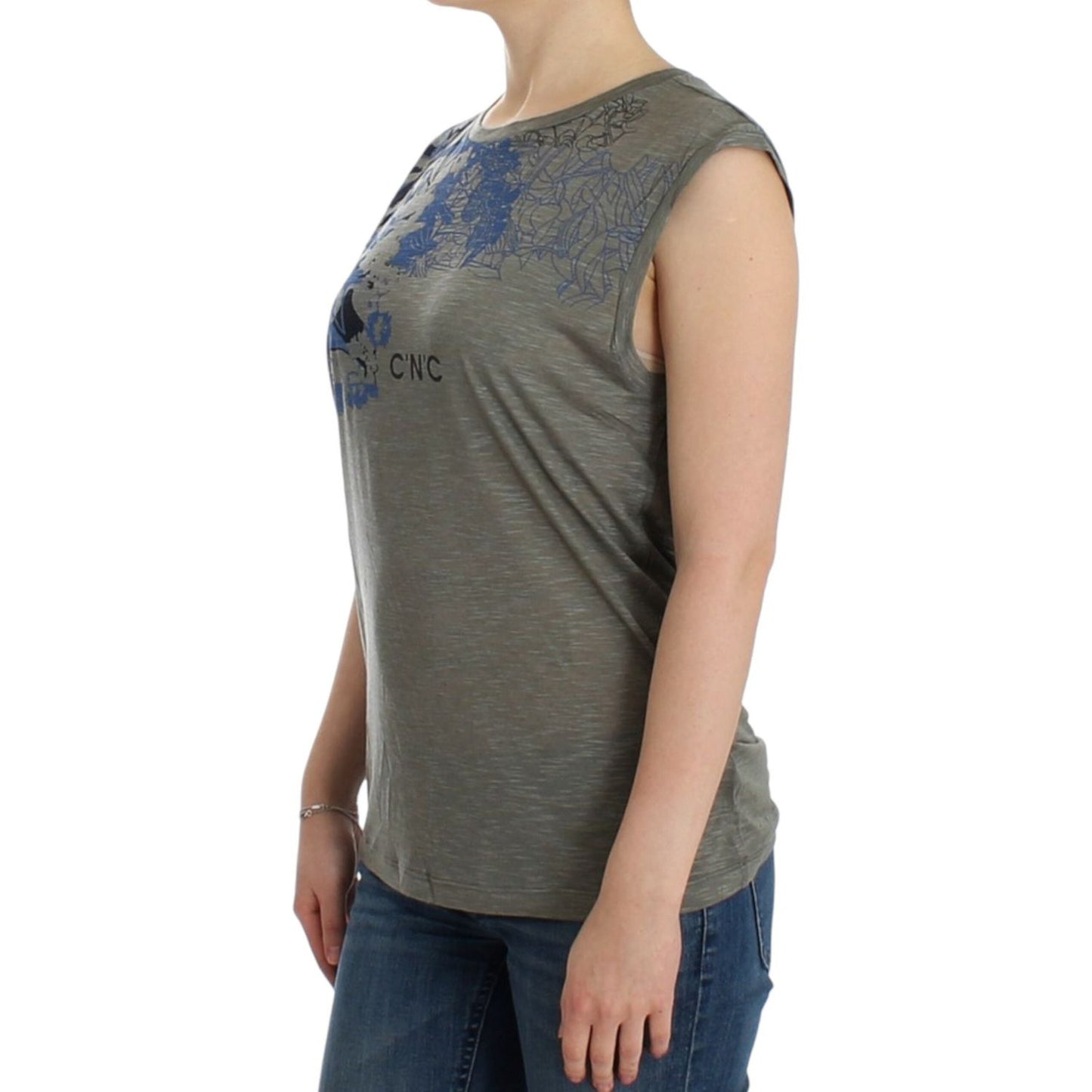 Chic Sleeveless Gray Top with Blue Detailing