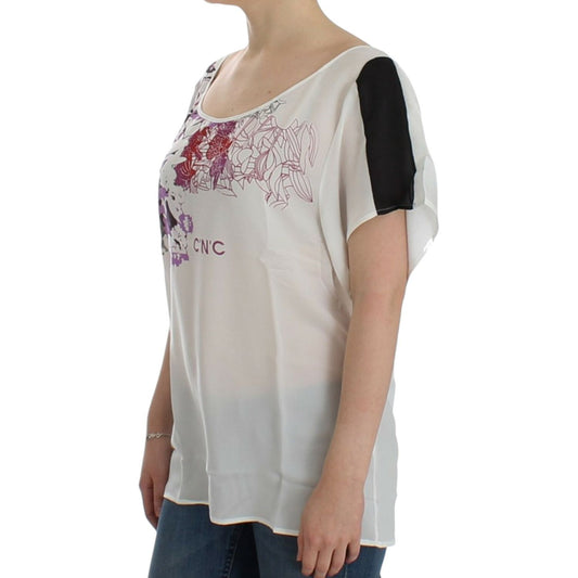 Chic White V-Neck Motive Print Tee