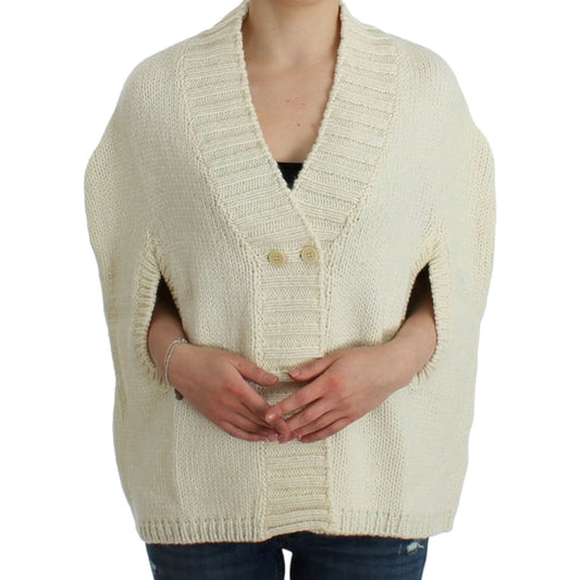 Elegant White Knitted Cape-Cardigan Hybrid