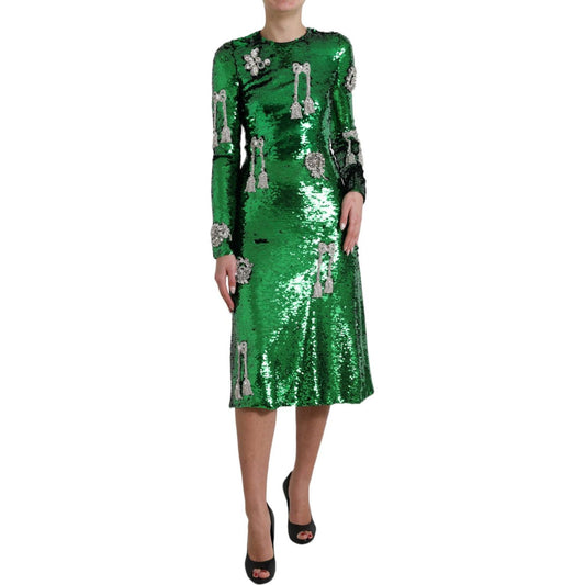 Elegant Below Knee Green Embroidered Dress Dolce & Gabbana