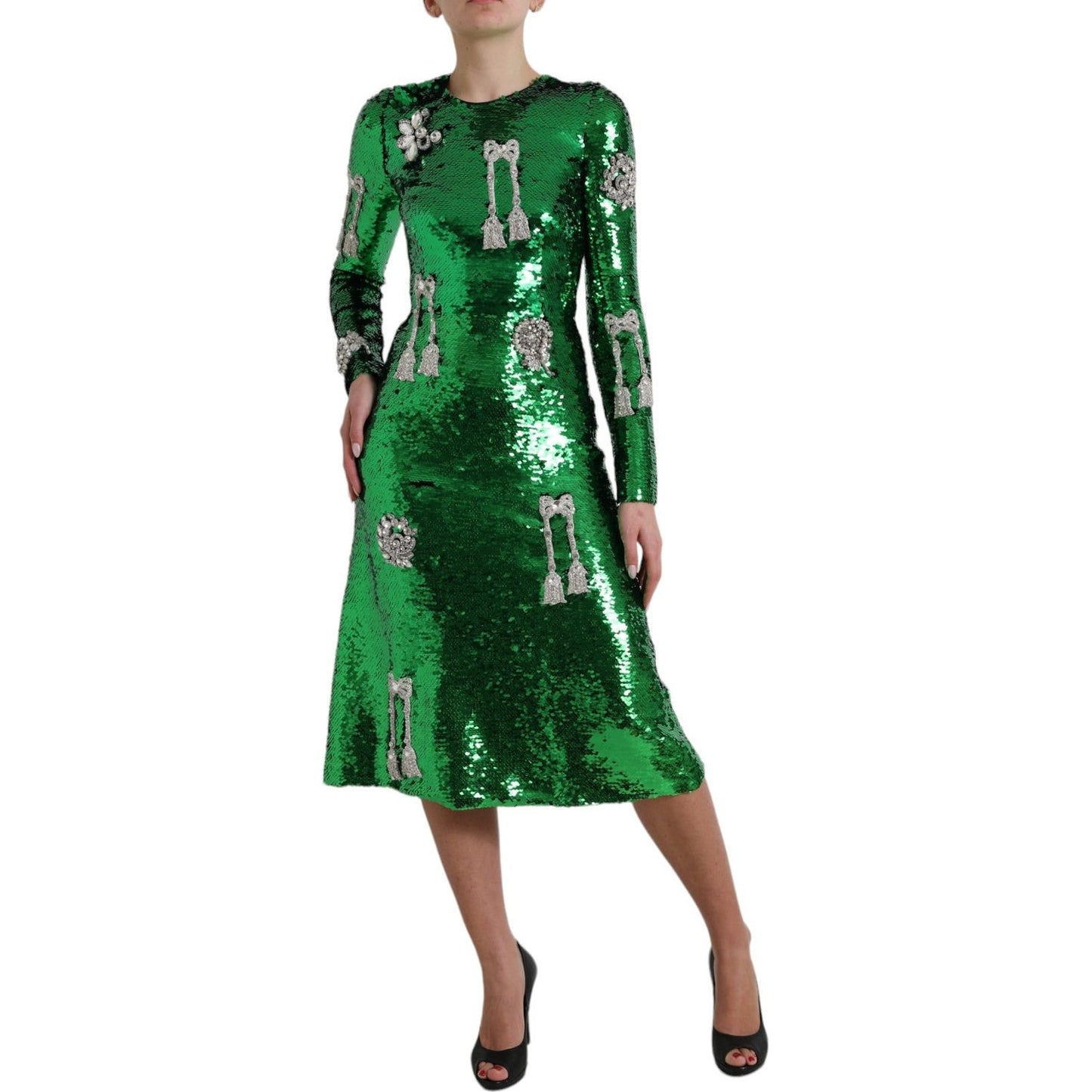 Elegant Below Knee Green Embroidered Dress