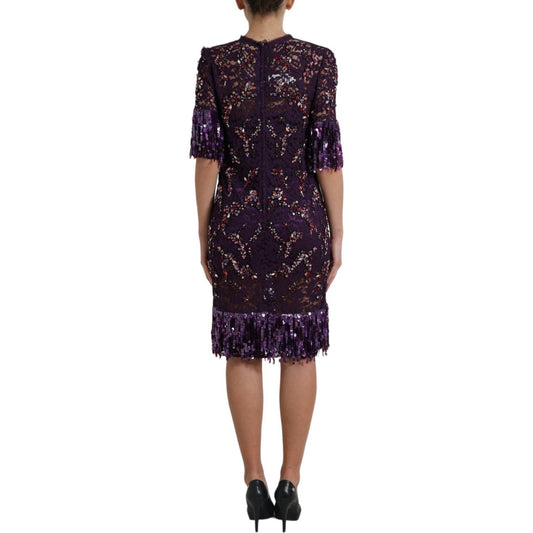 Elegant Purple Floral Lace Crystal Dress