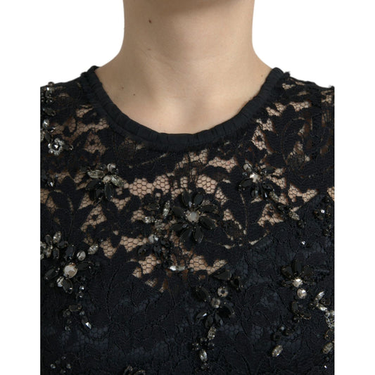 Exquisite Black Floral Lace Crystal Sheath Dress Dolce & Gabbana