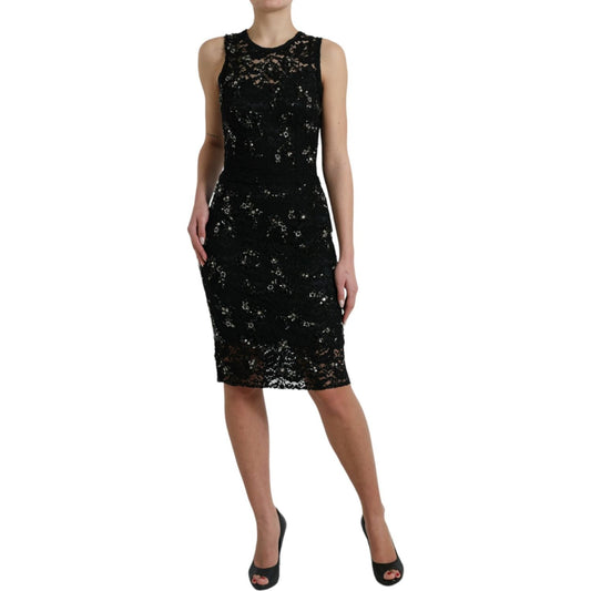 Exquisite Black Floral Lace Crystal Sheath Dress Dolce & Gabbana