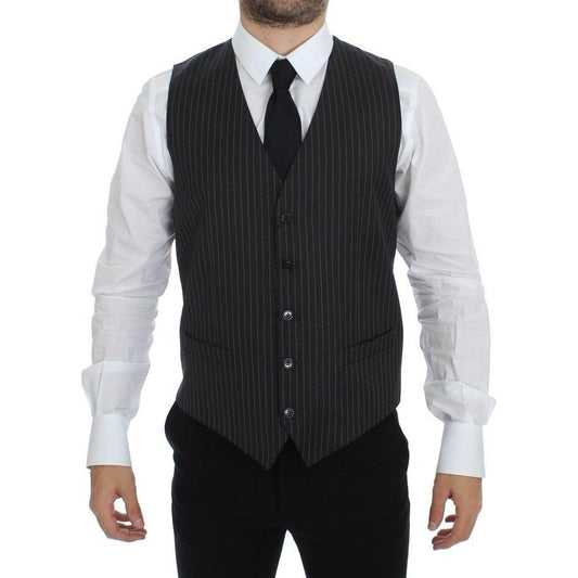 Dolce & Gabbana Gray Striped Wool Single Breasted Vest