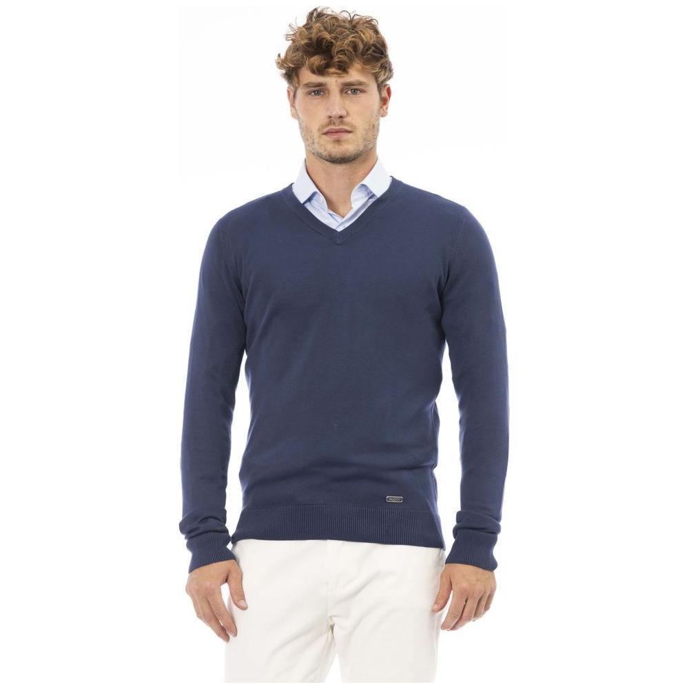 Elegant V-Neck Ribbed Blue Sweater