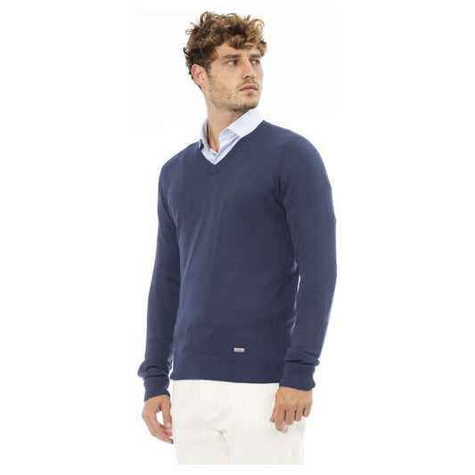 Elegant V-Neck Ribbed Blue Sweater