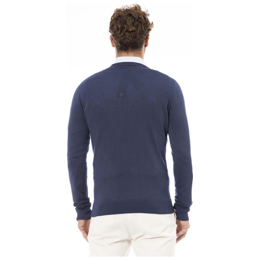 Elegant V-Neck Ribbed Blue Sweater