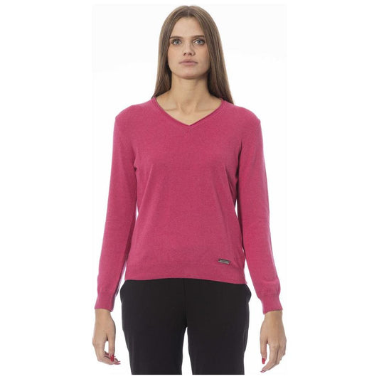 Fuchsia V-Neck Ribbed Knit Cashmere Sweater Baldinini Trend