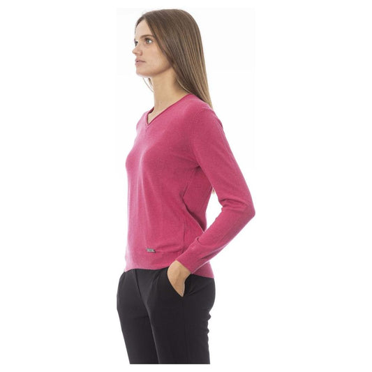 Baldinini Trend Fuchsia V-Neck Ribbed Knit Cashmere Sweater Baldinini Trend