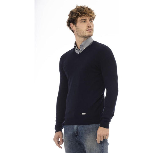 Elegant Blue V-Neck Wool-Blend Sweater