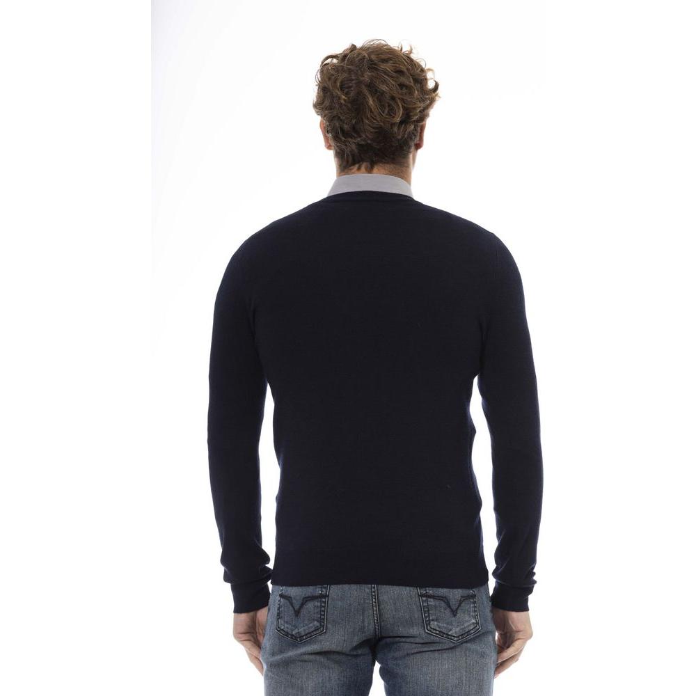 Elegant Blue V-Neck Wool-Blend Sweater