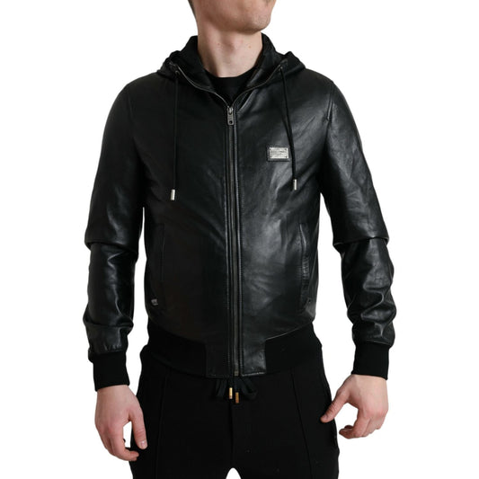 Elegant Black Leather Hooded Zip Jacket