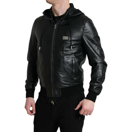 Elegant Black Leather Hooded Zip Jacket