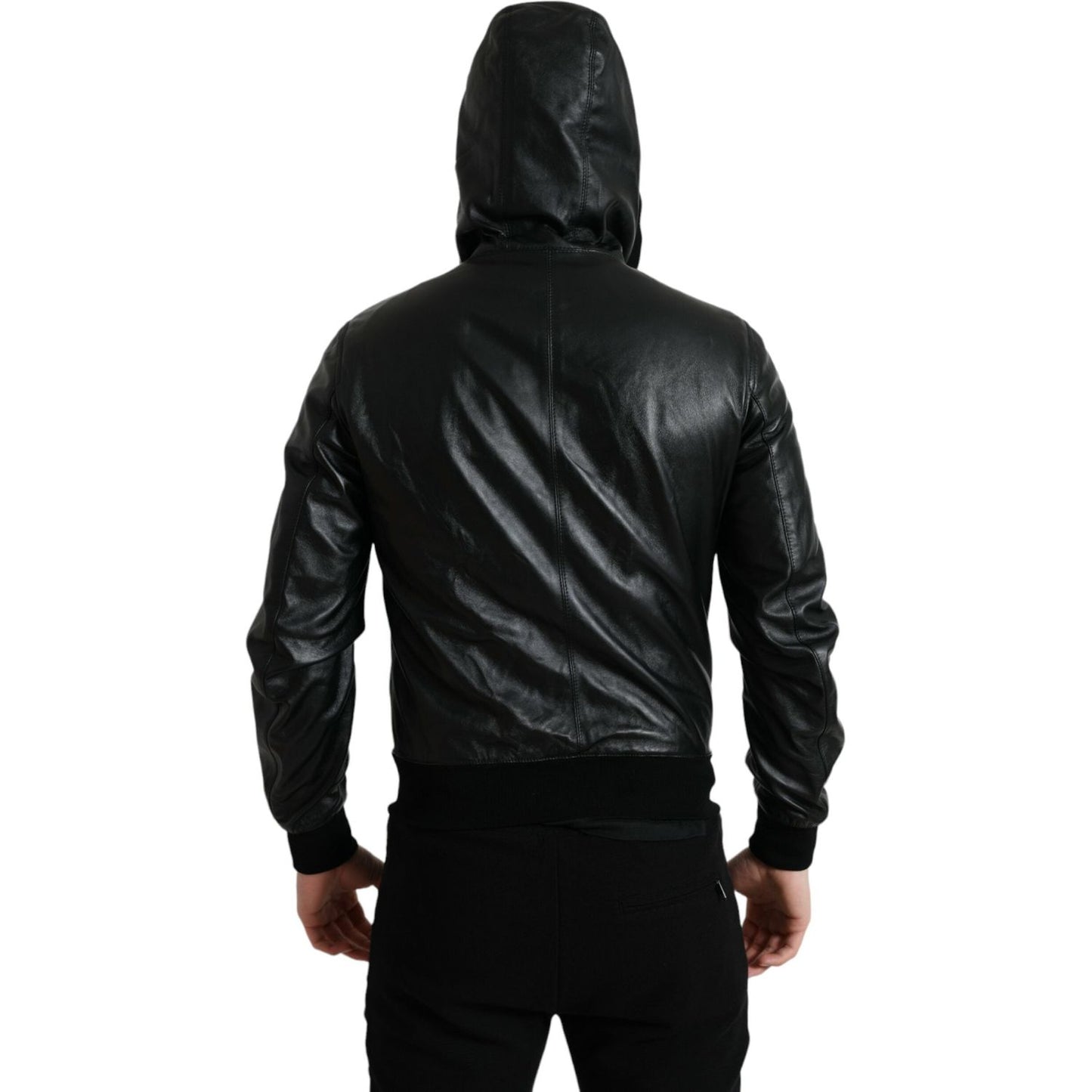 Elegant Black Leather Hooded Zip Jacket