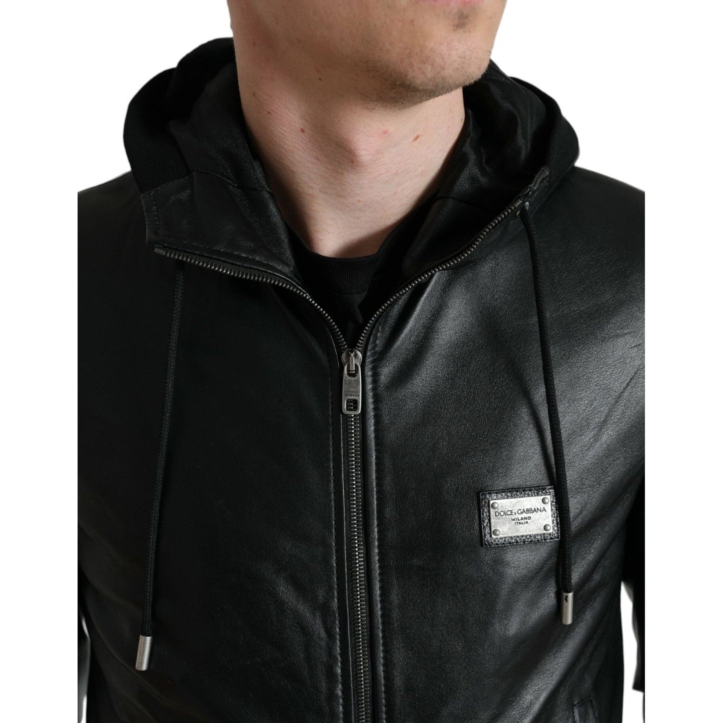 Elegant Black Leather Hooded Zip Jacket