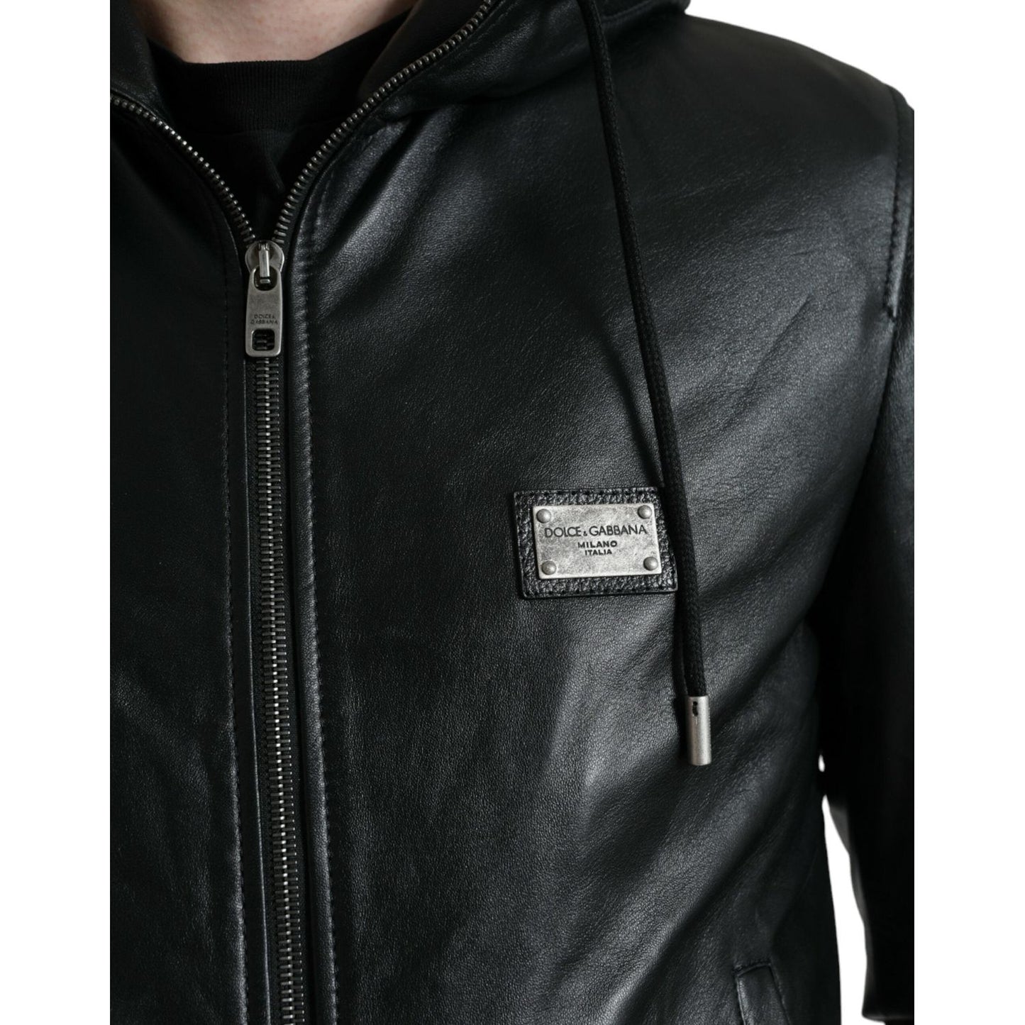 Elegant Black Leather Hooded Zip Jacket