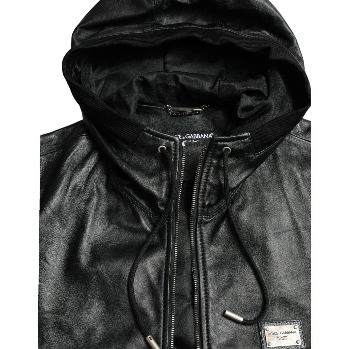 Elegant Black Leather Hooded Zip Jacket