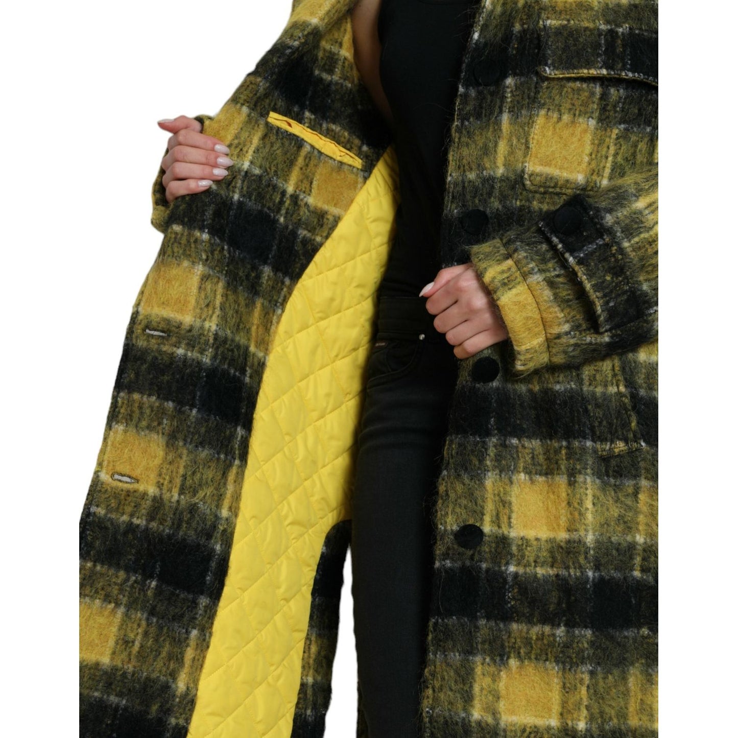 Chic Plaid Long Coat in Sunshine Yellow