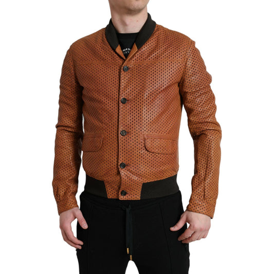 Elegant Leather Perforated Bomber Jacket