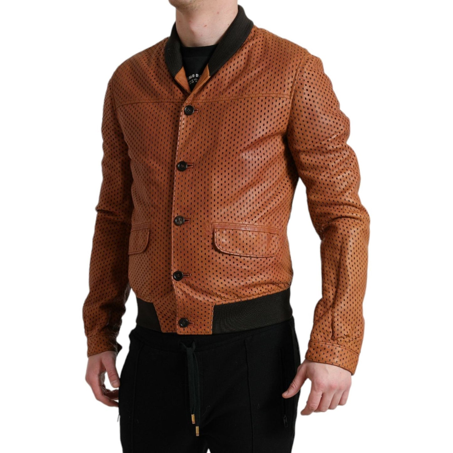 Elegant Leather Perforated Bomber Jacket