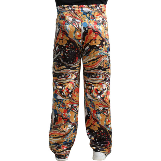 Elegant Satin Track Pants in Multicolor Marble