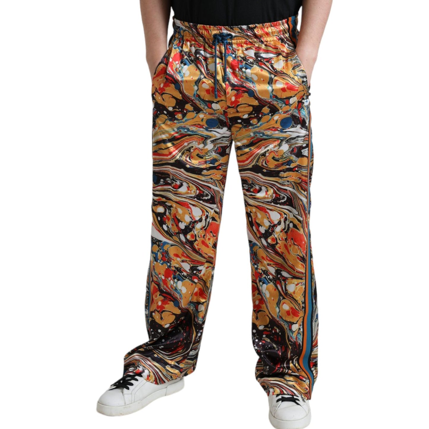 Elegant Satin Track Pants in Multicolor Marble