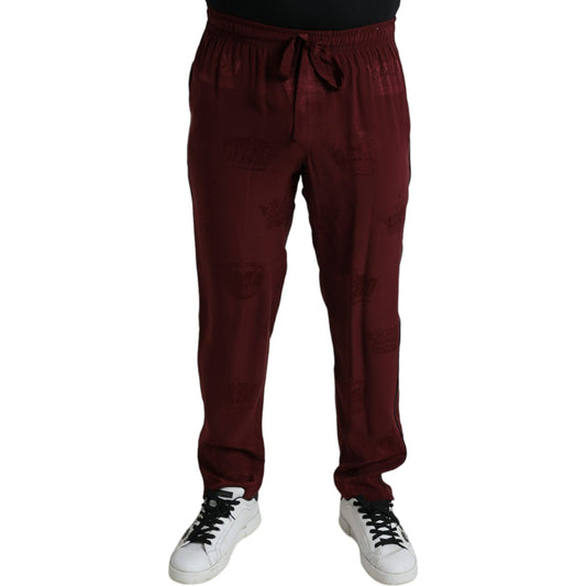 Elegant Maroon Silk Pajama Pants with Crown Motif