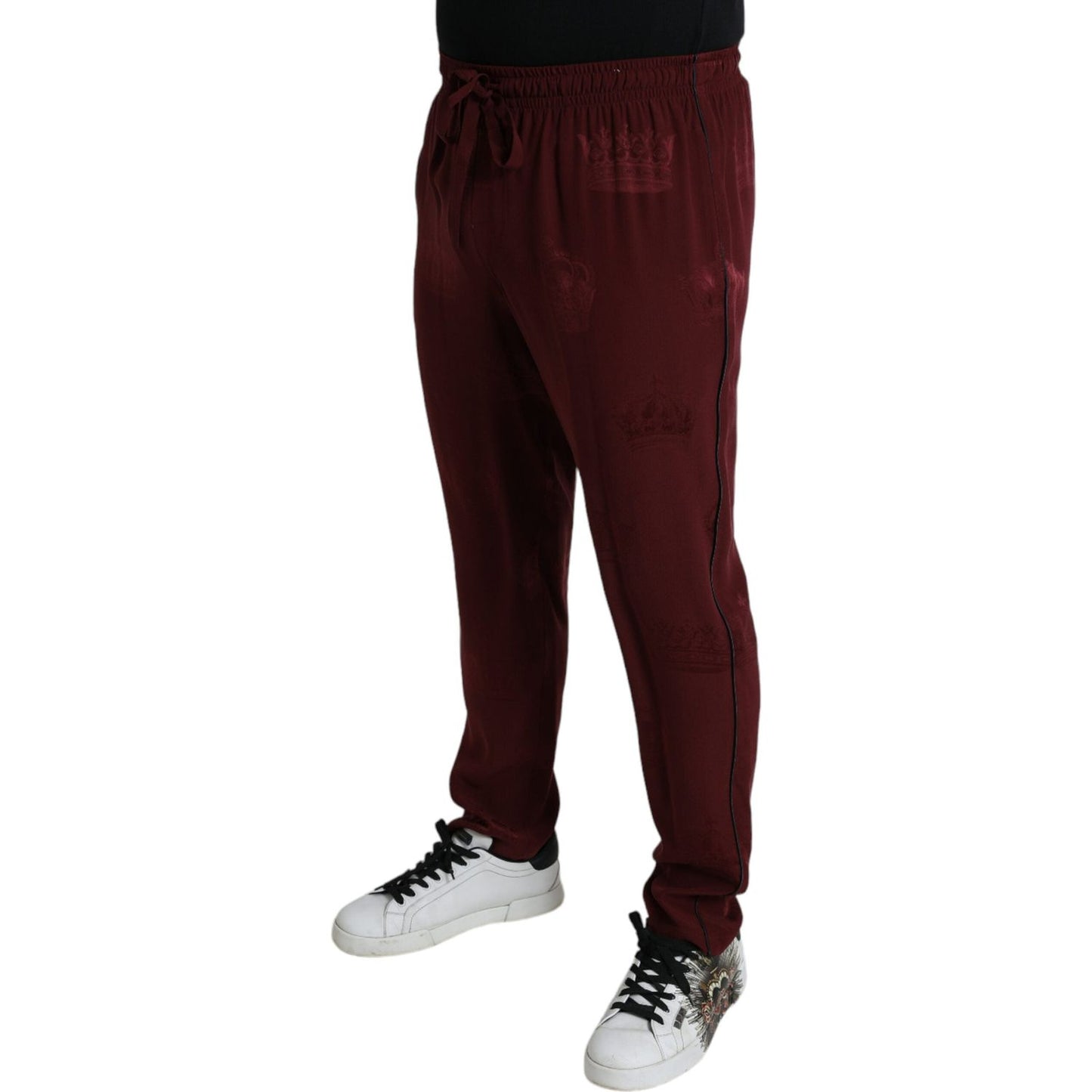 Elegant Maroon Silk Pajama Pants with Crown Motif