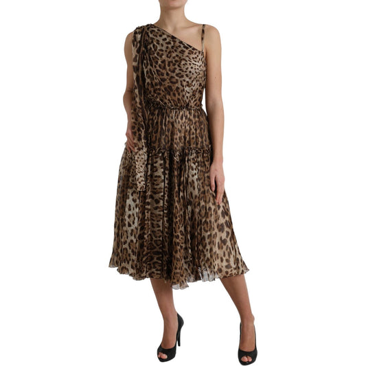 Elegant One-Shoulder Leopard Midi Dress