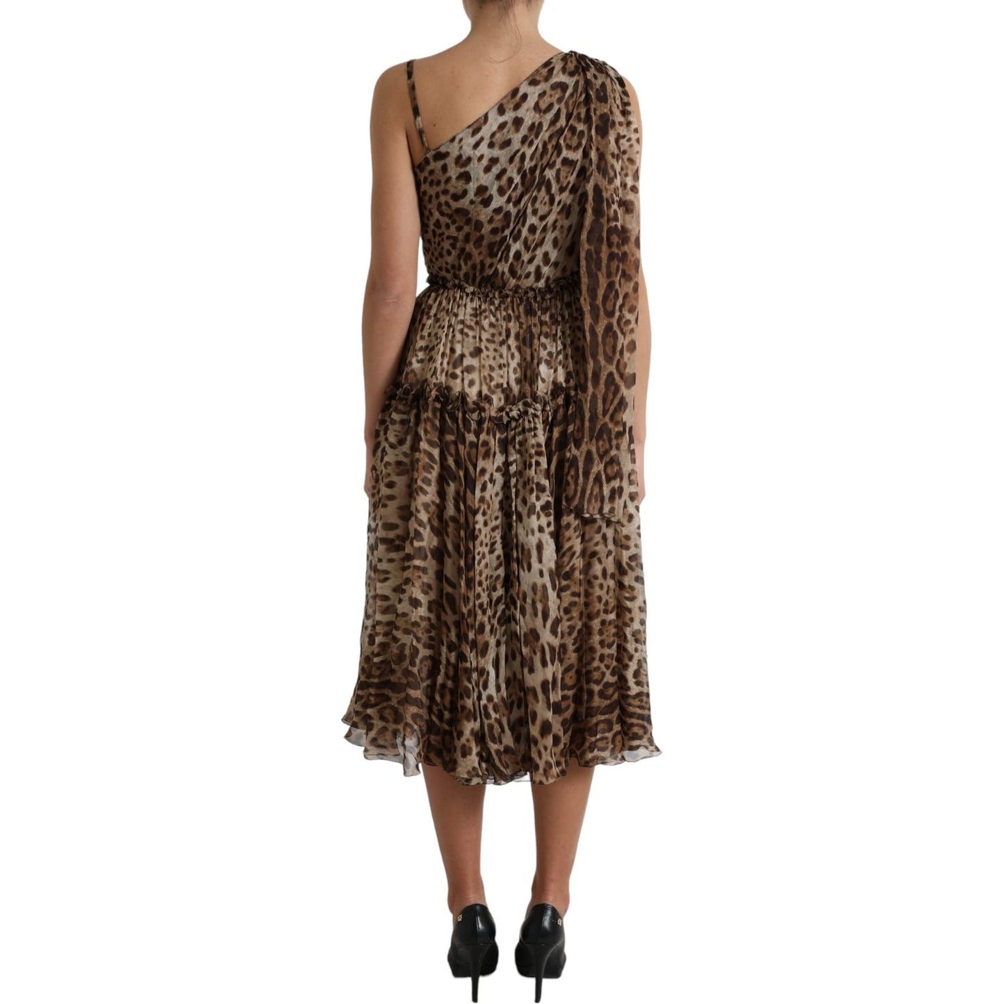 Elegant One-Shoulder Leopard Midi Dress