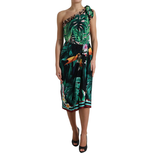 Tropical Jungle Print One-Shoulder Dress