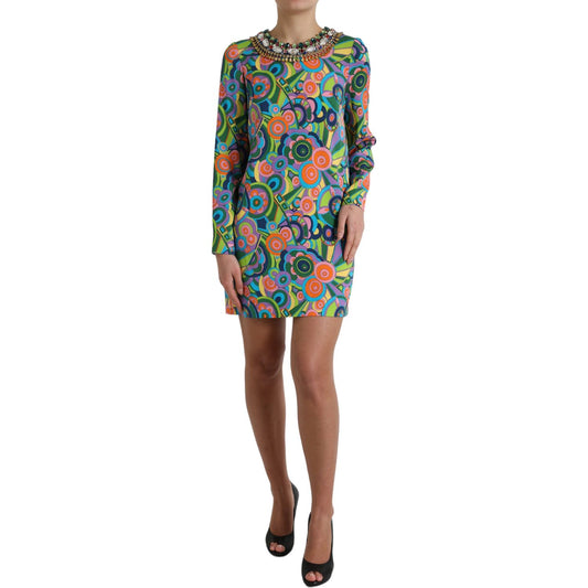 Dolce & Gabbana Multicolor Geometric Print Silk Crystals Midi Dress Dolce & Gabbana