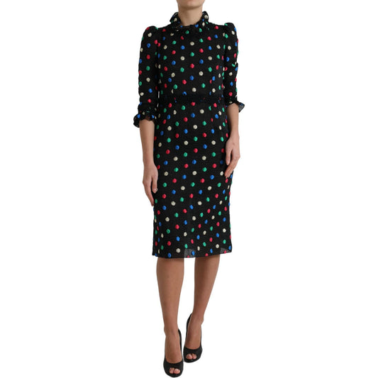 Elegant High Neck Polka Dot Midi Dress