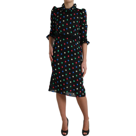 Elegant High Neck Polka Dot Midi Dress