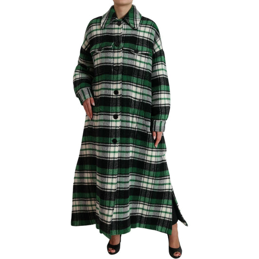 Elegant Green Plaid Long Coat