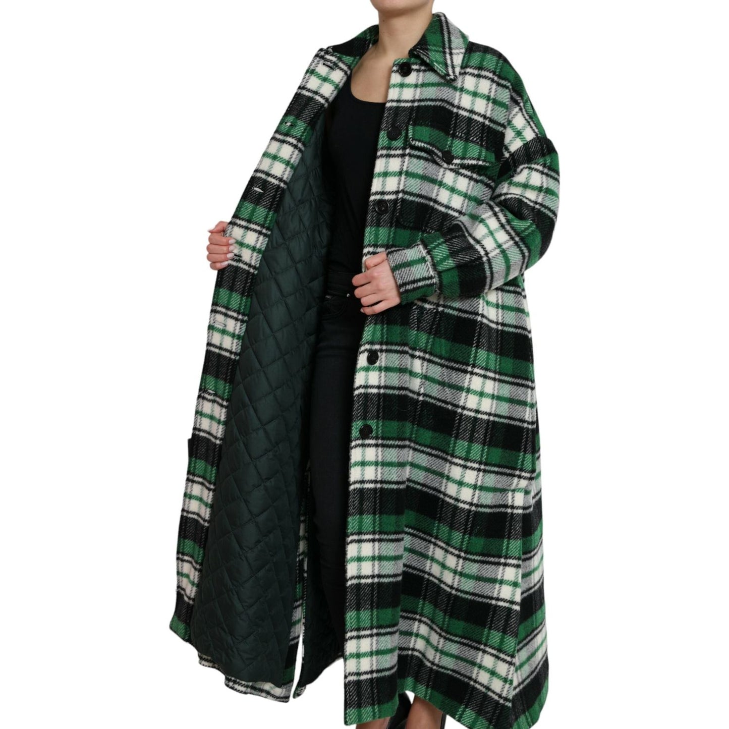 Elegant Green Plaid Long Coat