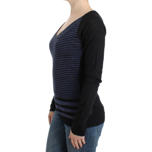 Chic Striped V-Neck Wool Blend Sweater