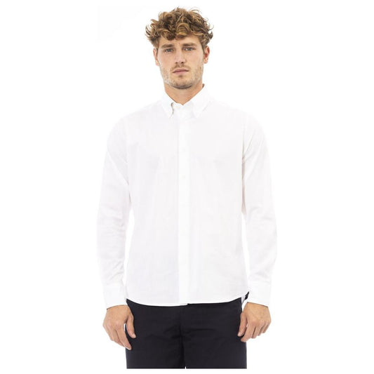 White Cotton-Elastane Button-Down Shirt