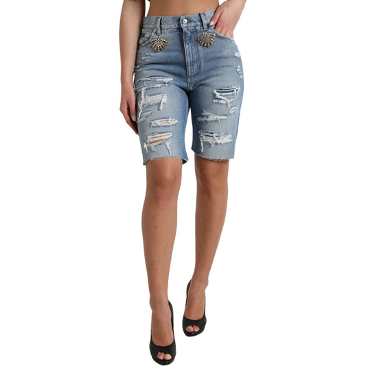 High Waist Embellished Bermuda Denim Shorts