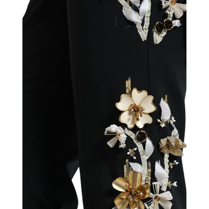Dolce & Gabbana Black Floral Applique High Waist Tapered Pants