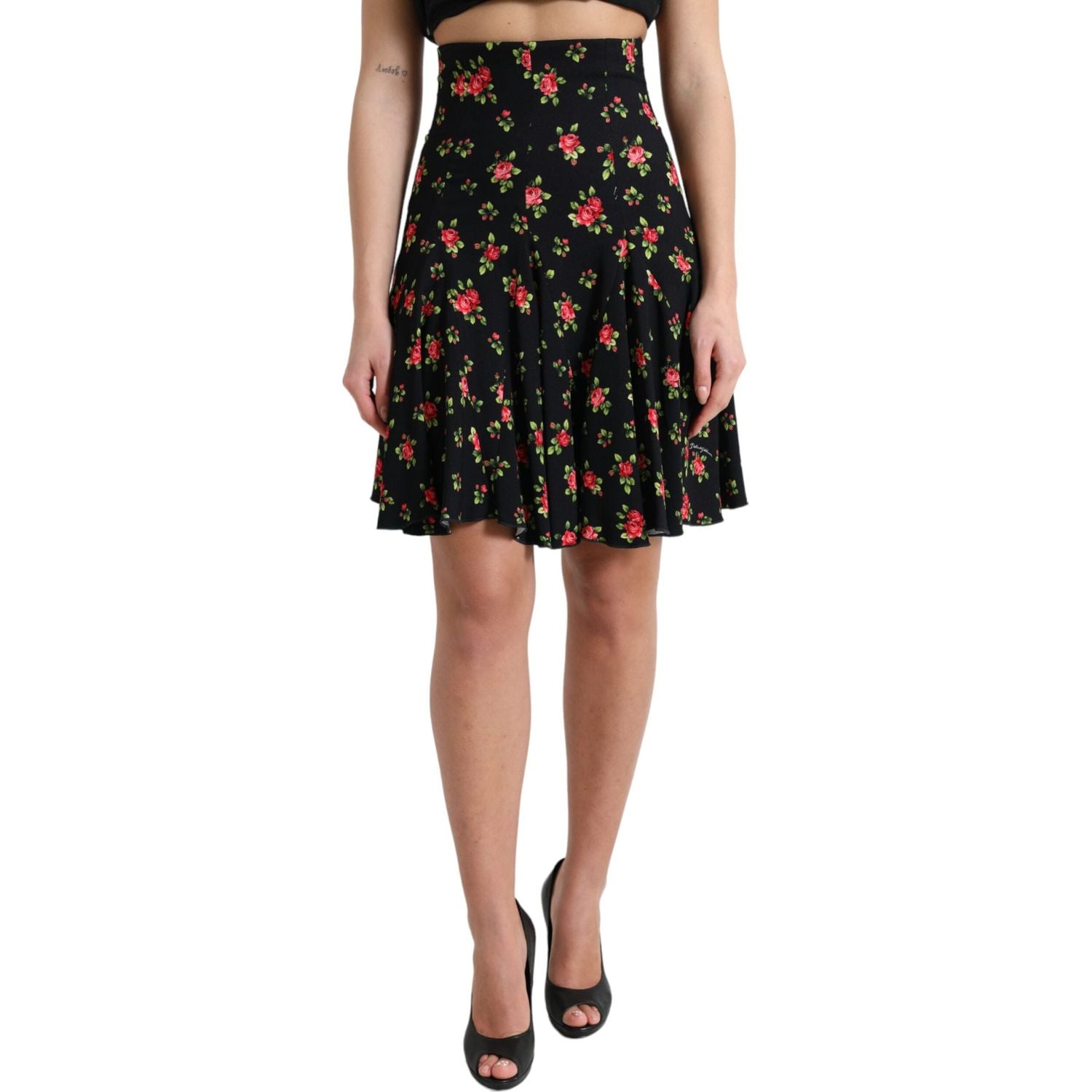 Dolce & Gabbana Black Rose Print High Waist A-line Mini Skirt