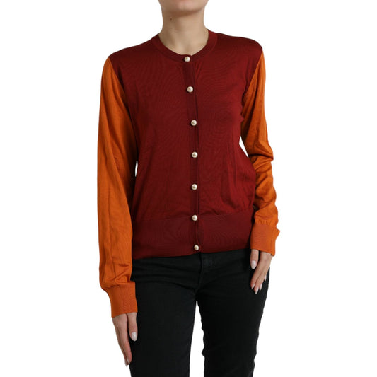 Silk Button Front Cardigan in Maroon Mix