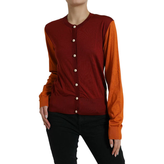 Silk Button Front Cardigan in Maroon Mix