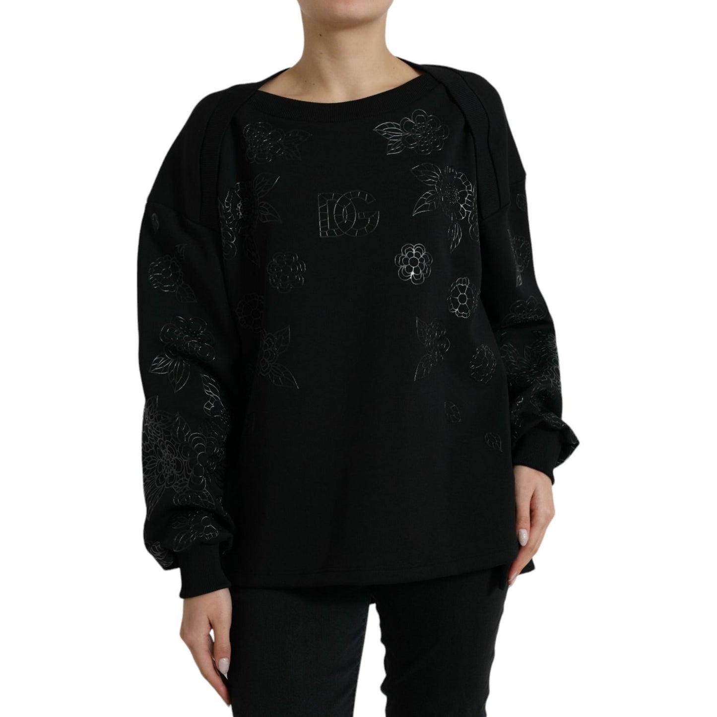 Elegant Black Floral Applique Sweater